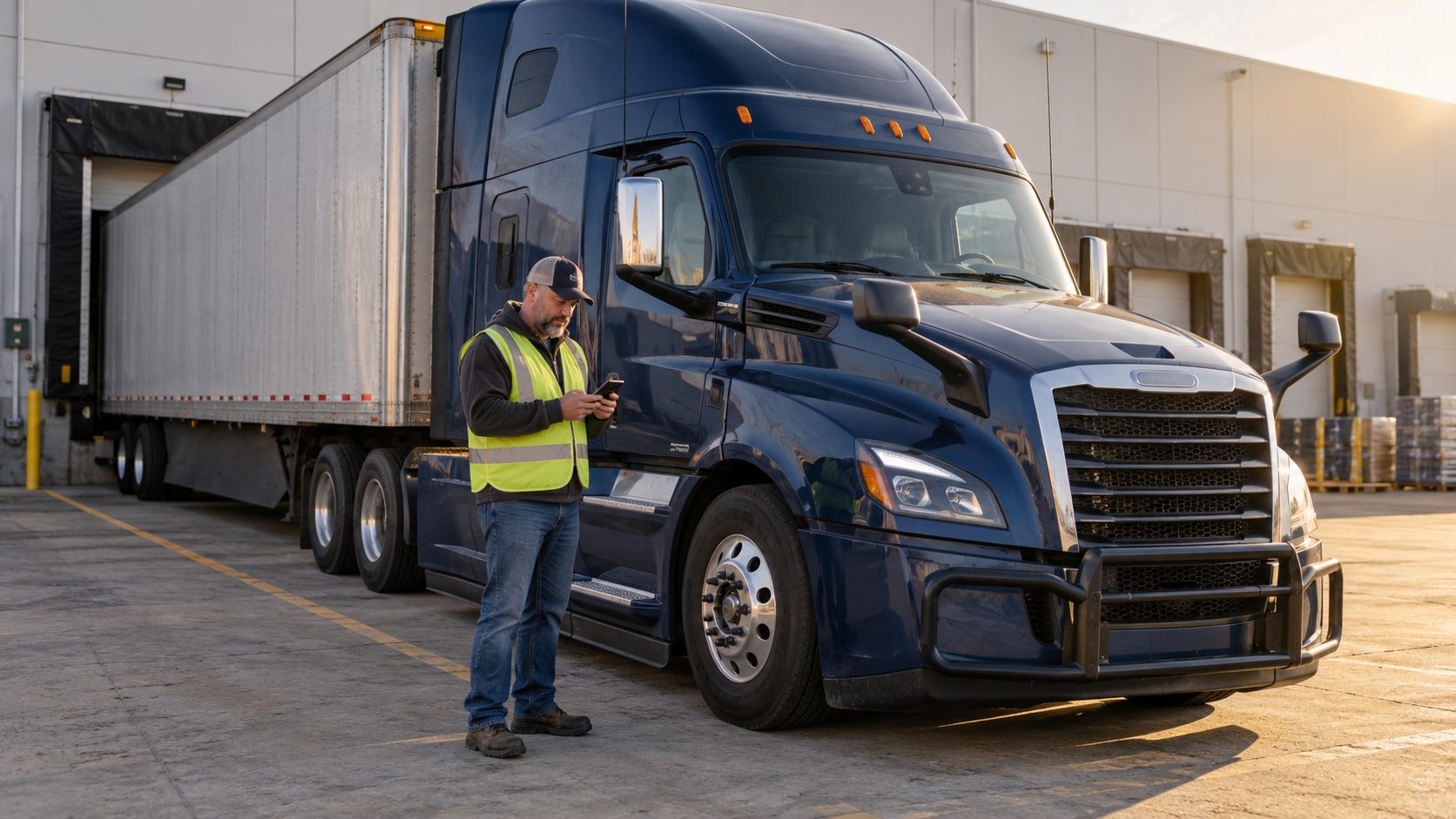 Truck driver practicing on a phone beside a parked tractor-trailer at a loading dock